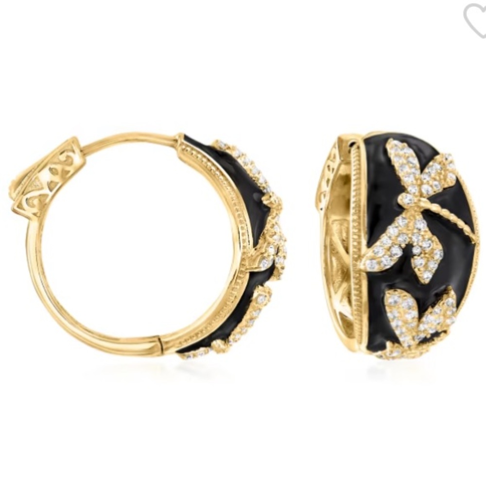 ROSS-SIMONS Sterling Silver White Topaz & Black Enamel Dragonfly Hoop Earrings